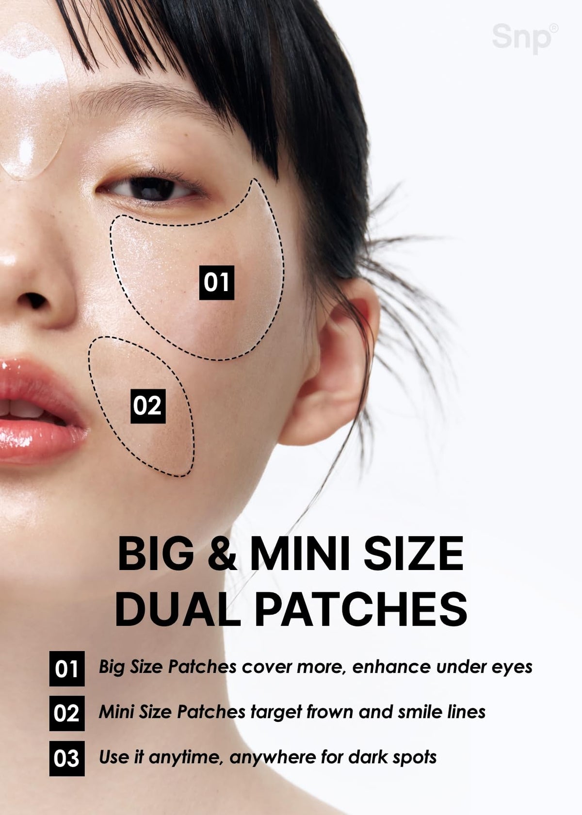 SNP dark circles and blemishes patch resting on skin.