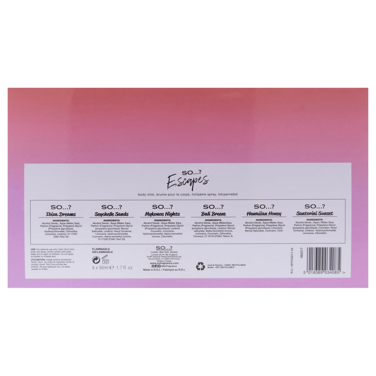 So...? Escapes collection packaging showcases six scents in travel-friendly 1.7 oz bottles.