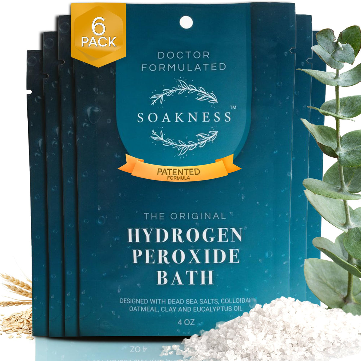 Soakness bath salts bottle pour for a spa-like, muscle-relief soak.