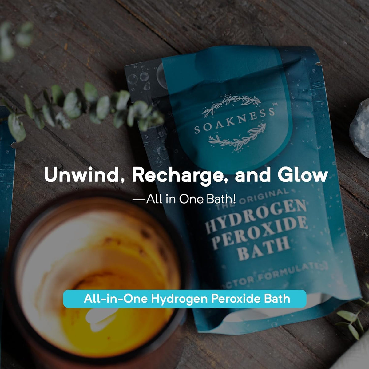Soakness mineral blend close-up featuring epsom salt and magnesium for soothing baths.