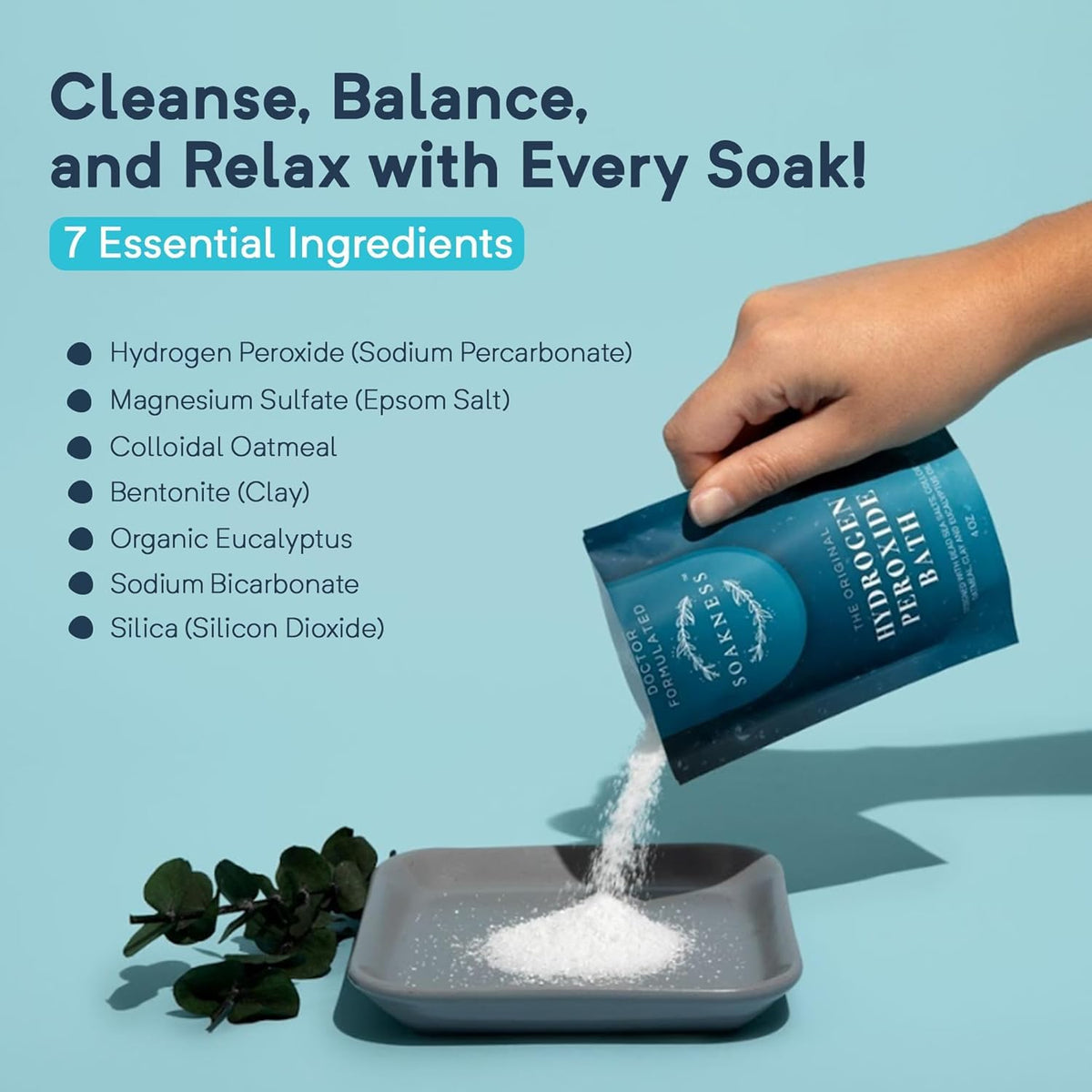 Soakness bath salts in tub soak promoting relaxation and skin refreshment.