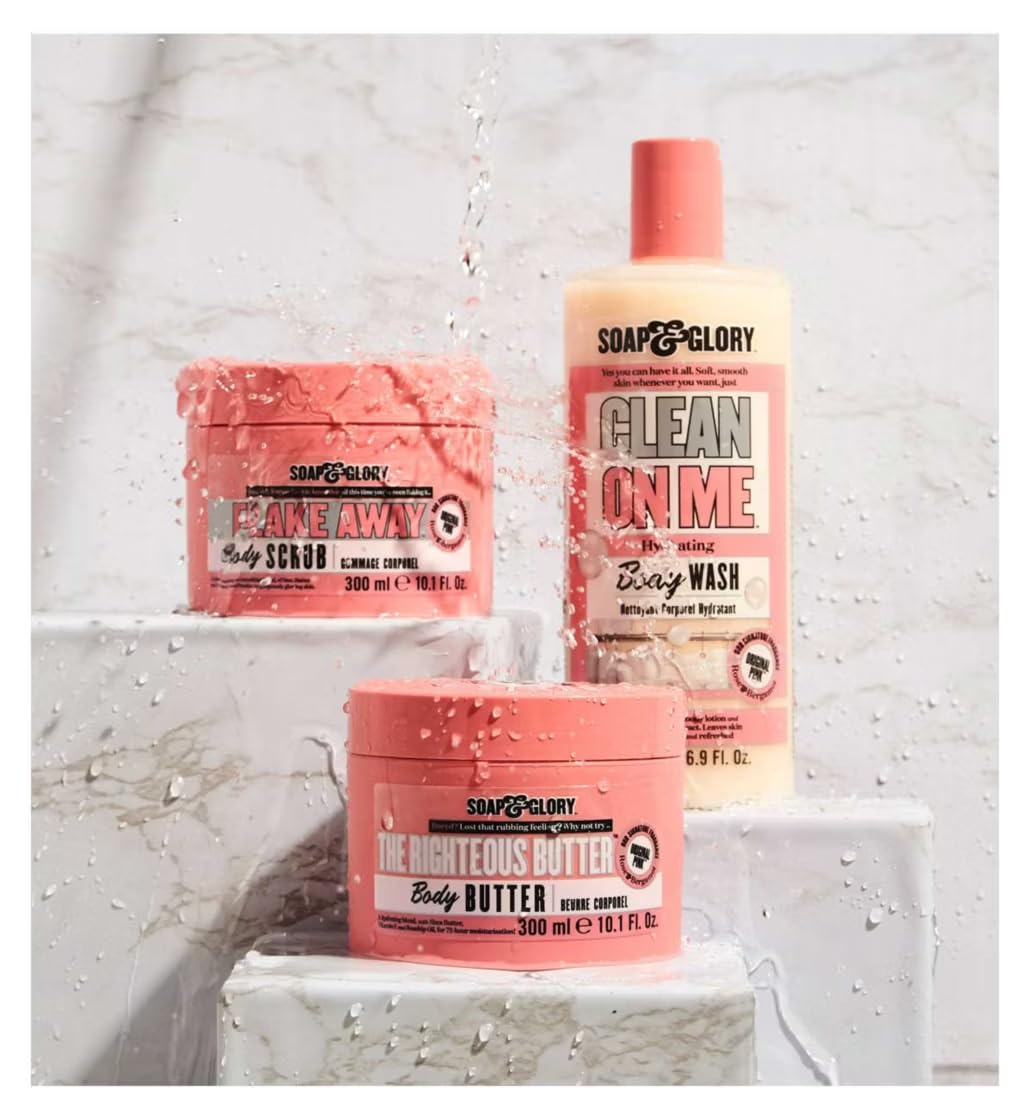 Soap & Glory Clean On Me gel bottle pour emphasizes creamy lather and smooth rinse