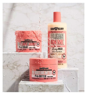 Soap & Glory Clean On Me gel bottle pour emphasizes creamy lather and smooth rinse