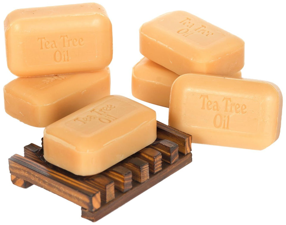 Soap Works Tea Tree Oil Soap Bar with natural wood dish for shaving or shampoo