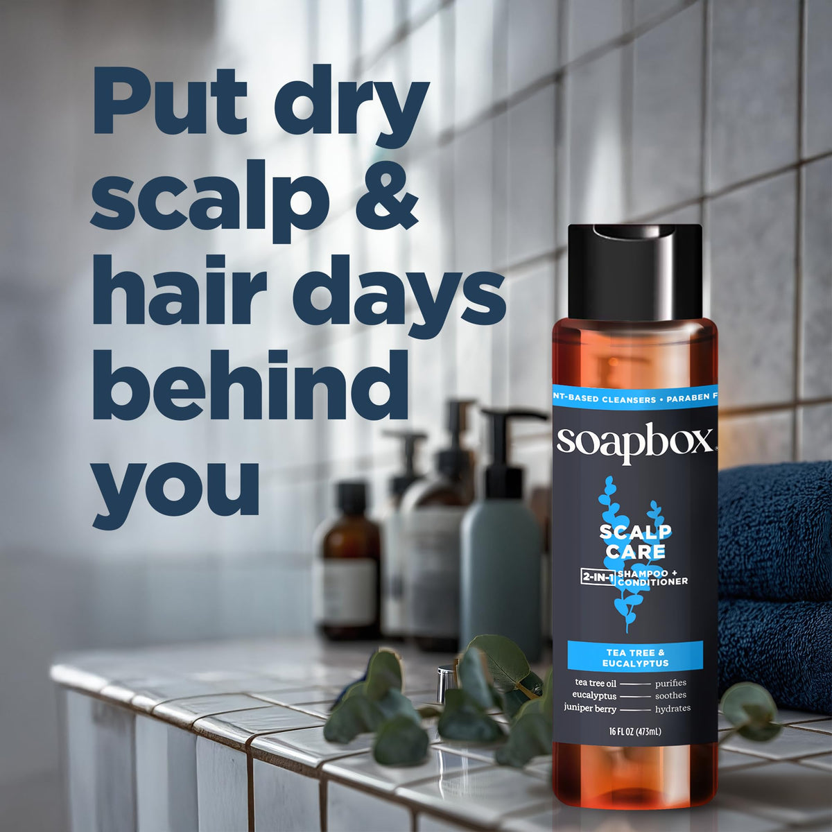 Soapbox 16 oz bottle on bathroom shelf for daily hair care