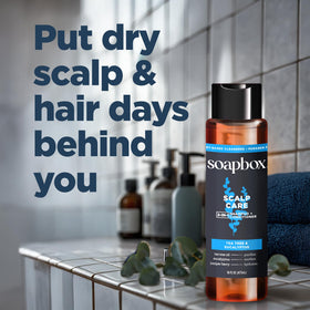 Soapbox 16 oz bottle on bathroom shelf for daily hair care