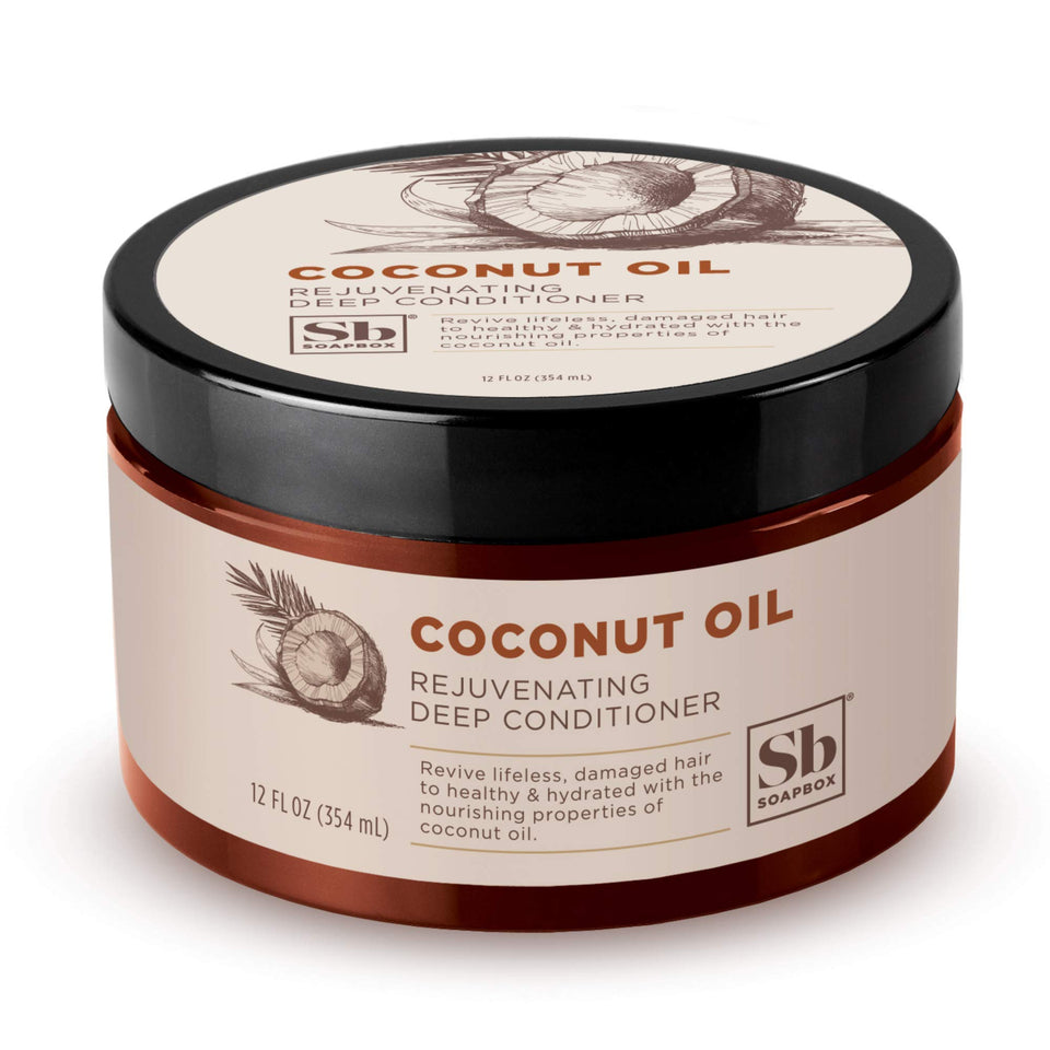 Soapbox Deep Conditioner bottle with coconut oil formula for hydrating hair.