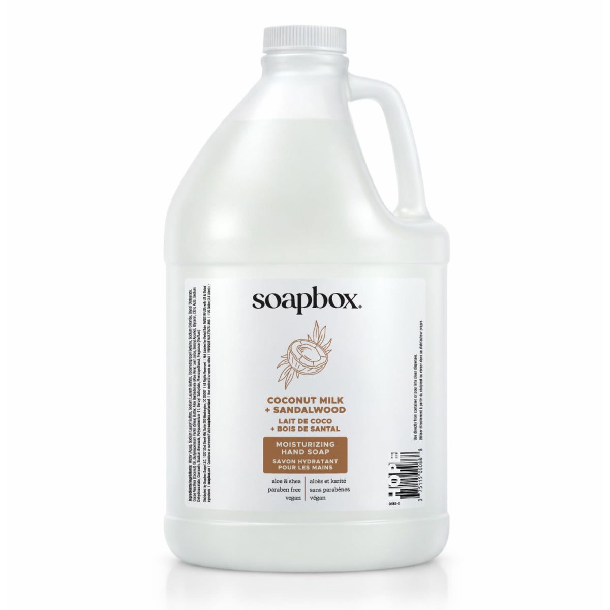 Soapbox gallon refill label with coconut-milk sandalwood scent for vegan hand care.