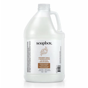 Soapbox gallon refill label with coconut-milk sandalwood scent for vegan hand care.