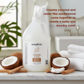 Soapbox gallon refill pour action showing liquid hand soap.