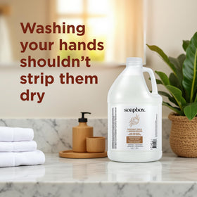 Soapbox hand soap lather closeup with rich foaming bubbles.
