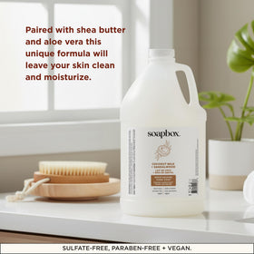 Soapbox kitchen and bathroom use scene with gallon container.