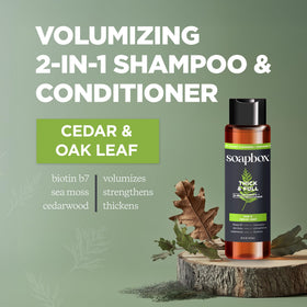 Soapbox Men's 2 in 1 label highlighting biotin and sea moss for nourishing shine.