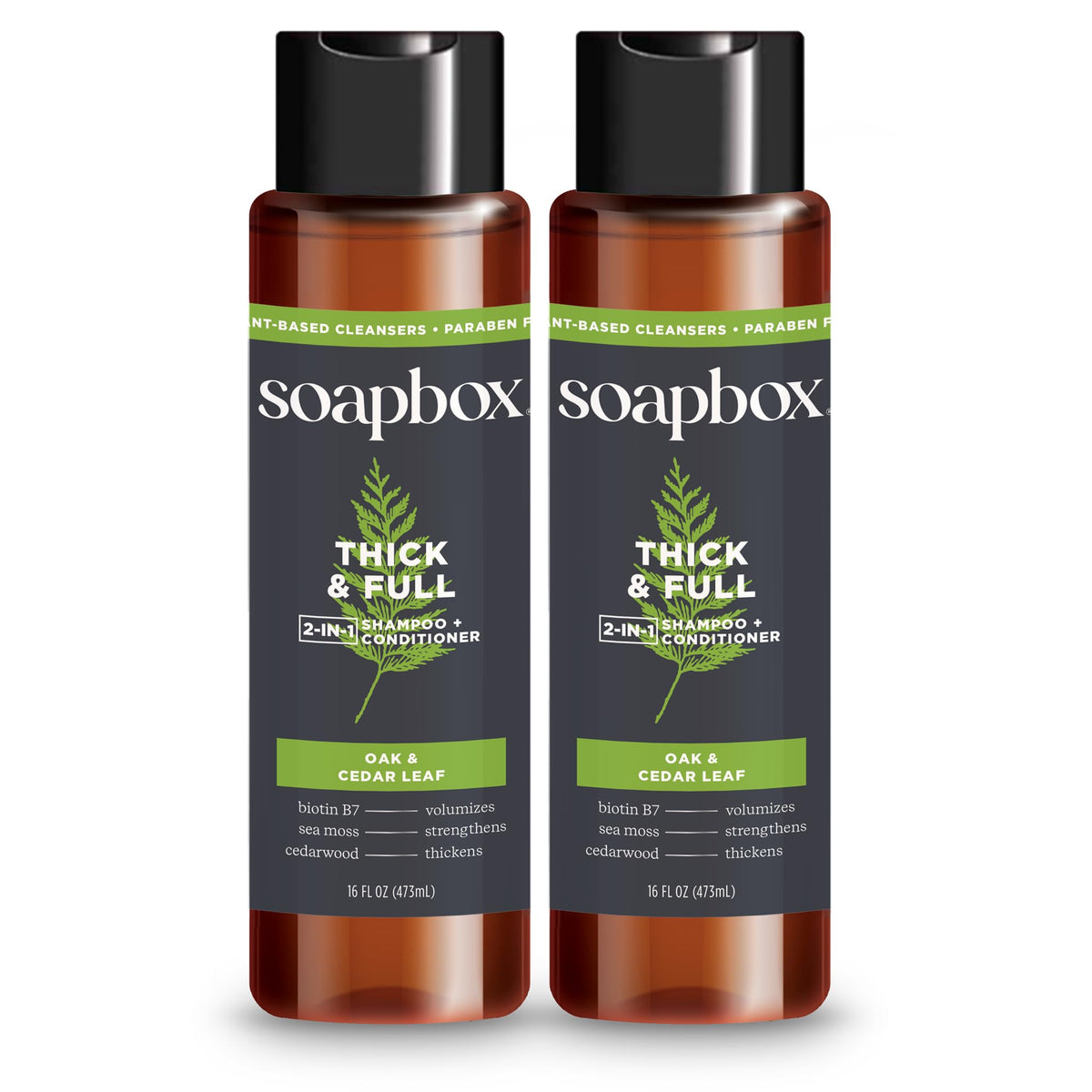 Soapbox Men's Thick and Full 2 in 1 bottle front with oak cedar scent for fuller look.
