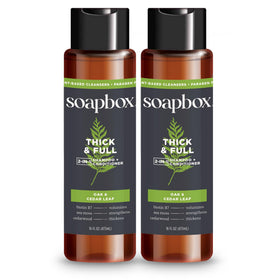Soapbox Men's Thick and Full 2 in 1 bottle front with oak cedar scent for fuller look.