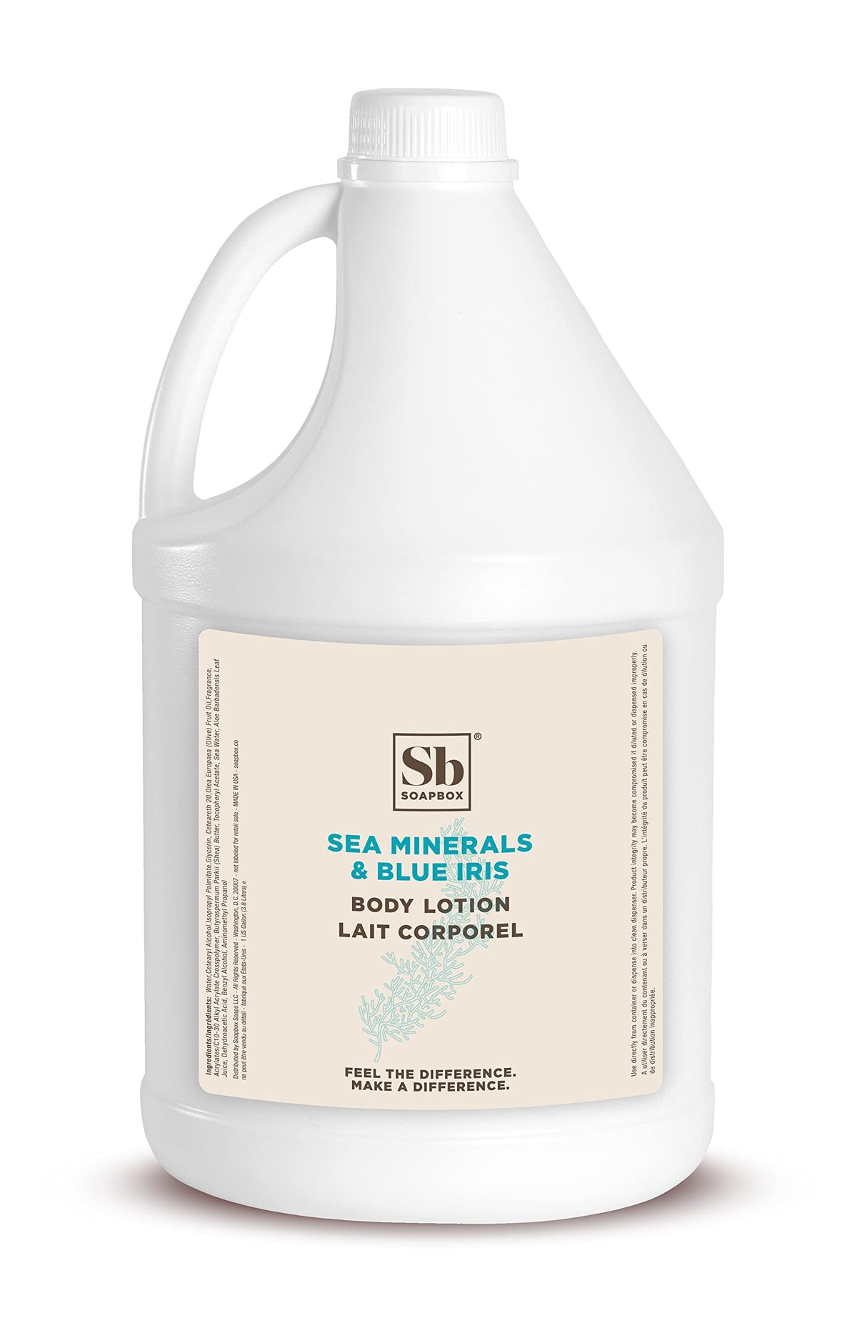 Soapbox Sea Minerals Blue Iris bottle pour showing refreshing hydration in a bathroom setting