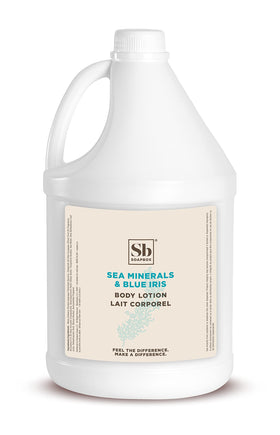 Soapbox Sea Minerals Blue Iris bottle pour showing refreshing hydration in a bathroom setting