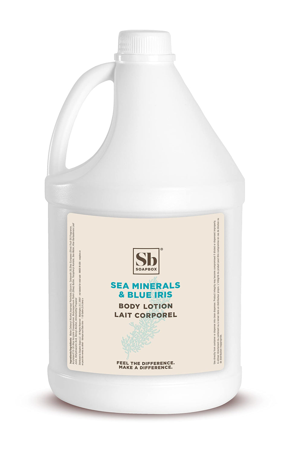Soapbox Sea Minerals Blue Iris bottle pour showing refreshing hydration in a bathroom setting