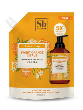 Soapbox Sweet Orange Citrus foaming hand wash bottle showing rich lather for daily cleansing.