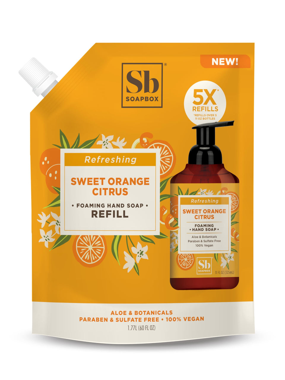 Soapbox Sweet Orange Citrus foaming hand wash bottle showing rich lather for daily cleansing.
