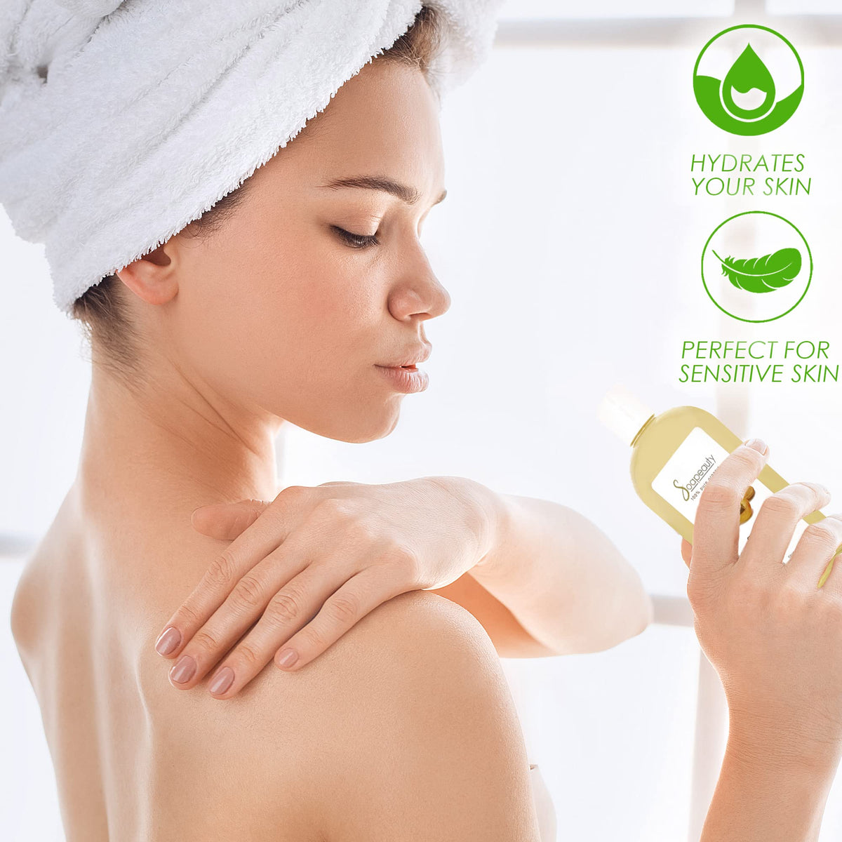 Soapeauty apricot kernel oil bottle closeup showing pure cold-pressed clarity for skin.