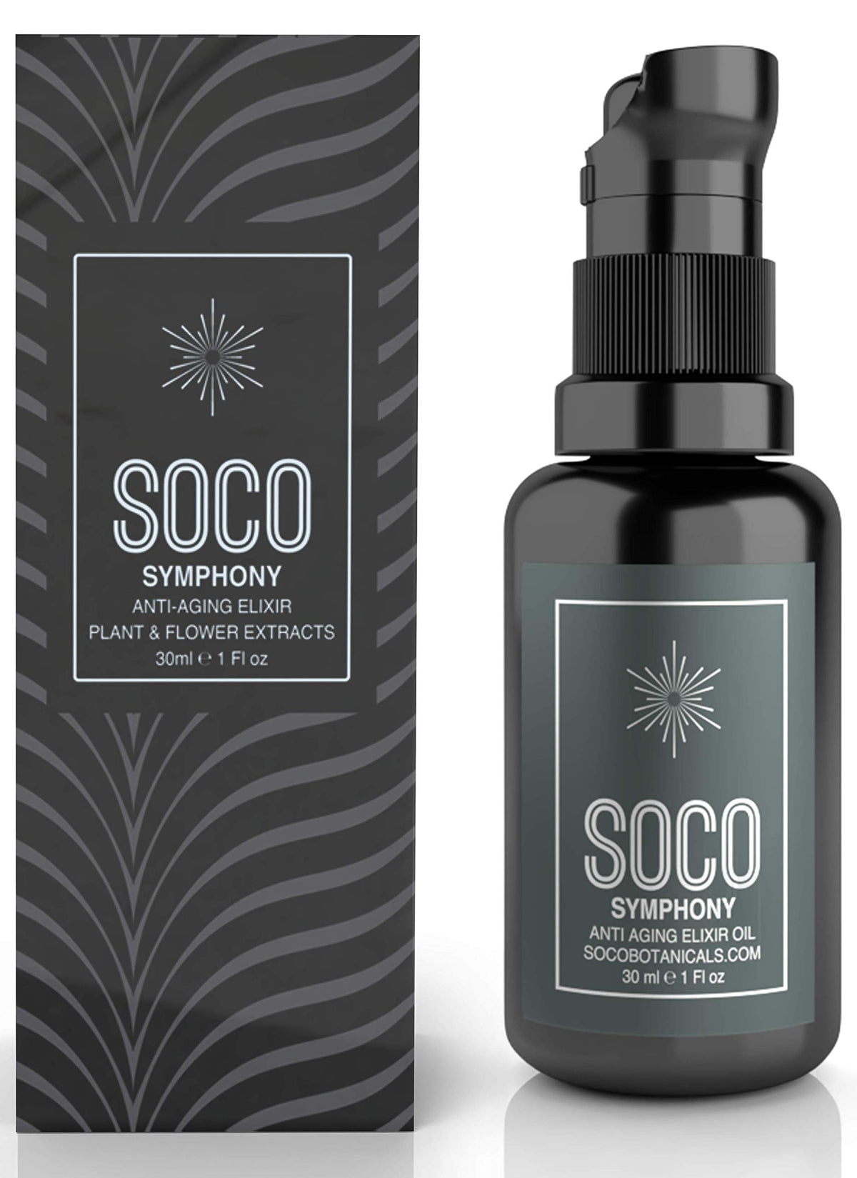 SOCO Botanicals Face Oil Serum bottle showing anti-aging elixir for radiant skin