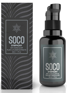 SOCO Botanicals Face Oil Serum bottle showing anti-aging elixir for radiant skin