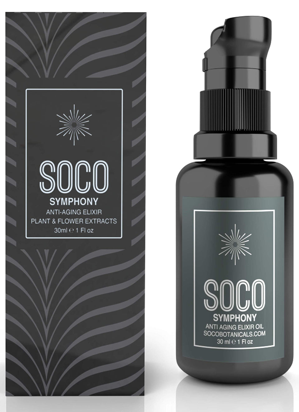 SOCO Botanicals Face Oil Serum bottle showing anti-aging elixir for radiant skin