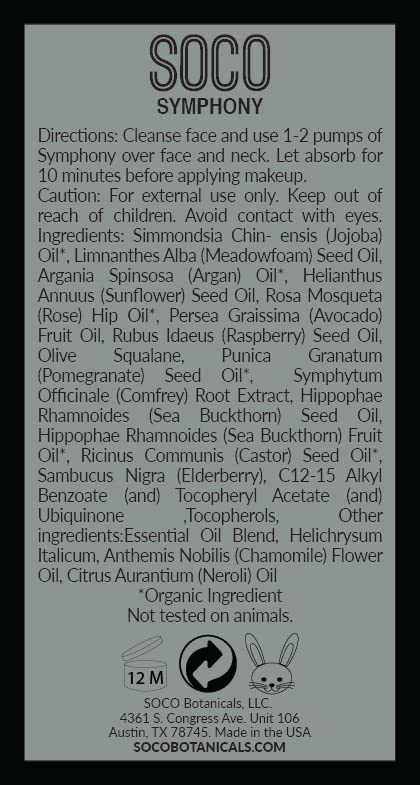 SOCO Botanicals face oil serum ingredients display highlights seabuckthorn-rosehip oils and nourishment