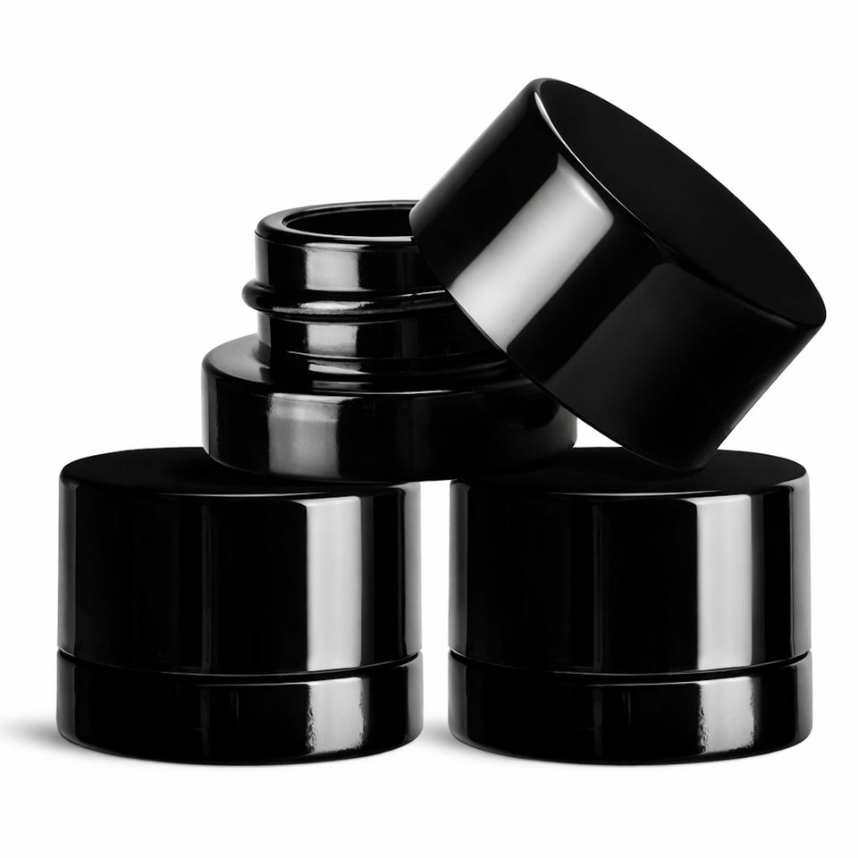SODO LOCO 200-pack 5ml black glass jar close-up, ideal for oils or balms.