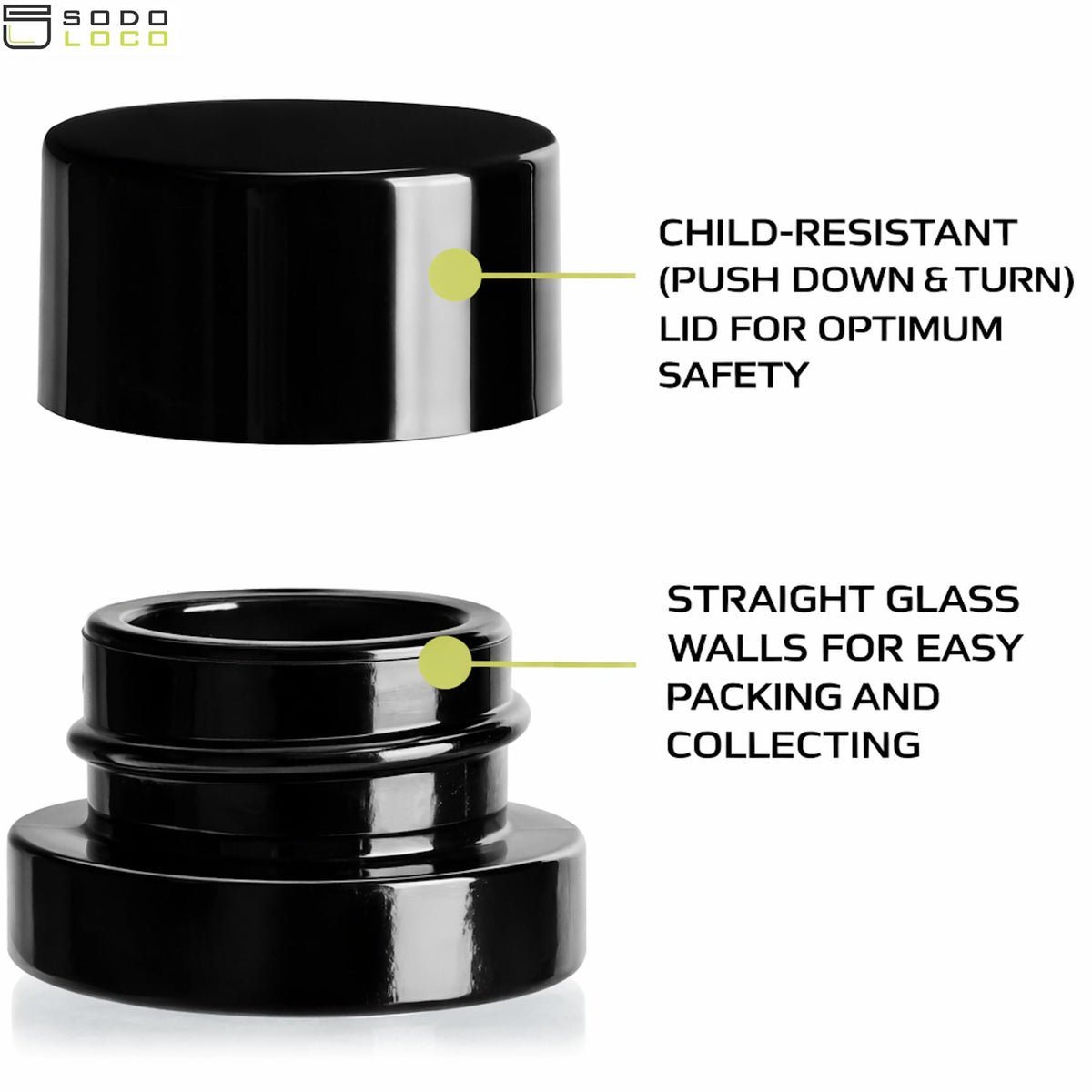SODO LOCO child-resistant lid close-up, secure protection for small containers.