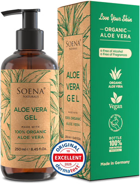 Soena Aloe Vera Gel bottle close-up showing pure, fragrance-free formula for sensitive skin
