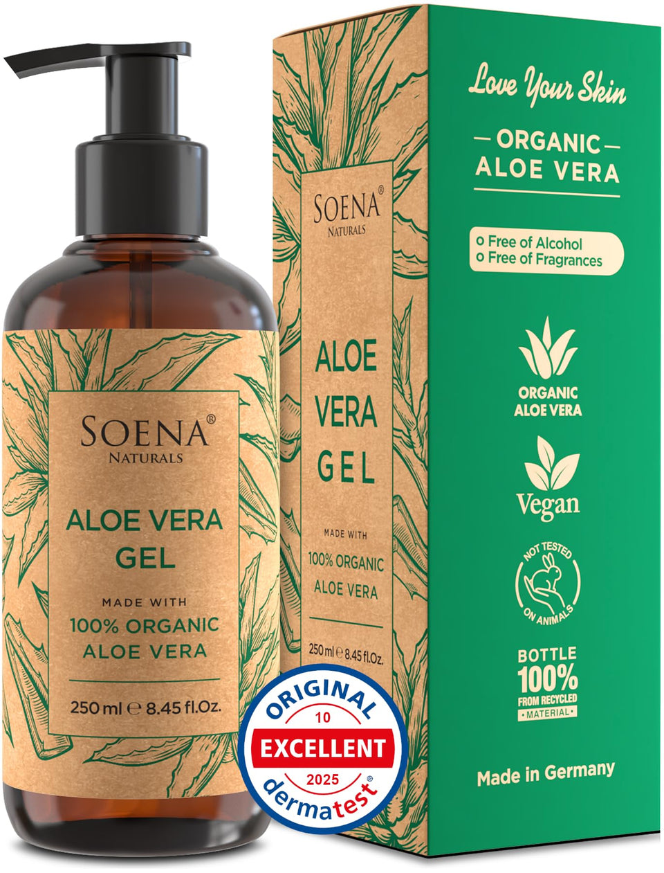 Soena Aloe Vera Gel bottle close-up showing pure, fragrance-free formula for sensitive skin