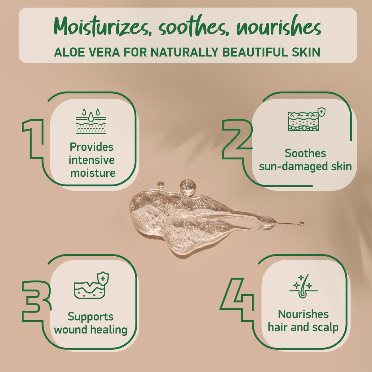 Soena Aloe Vera Gel ingredients panel emphasizing IASC-certified organic juice