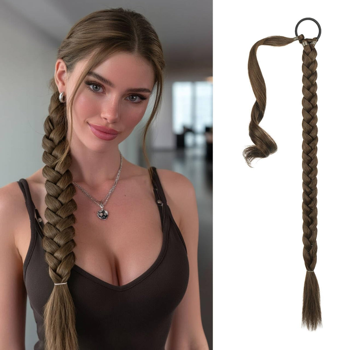 Sofeiyan long braid ponytail extension in brown mix with light auburn for daily wear.