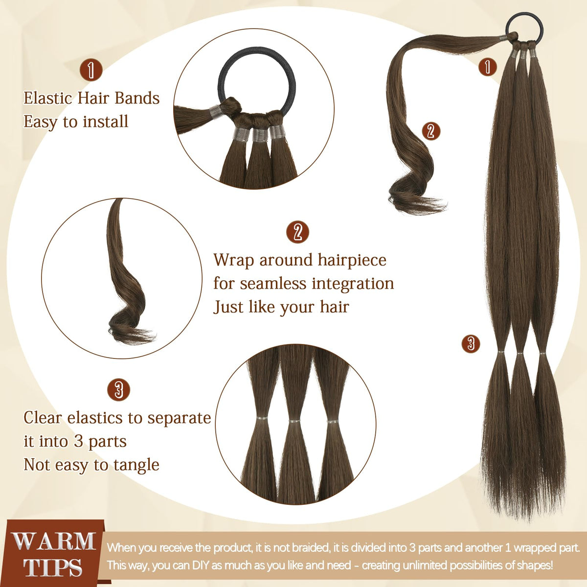 Sofeiyan wrap-around ponytail close-up shows secure wrap and soft fibers for all-day comfort.