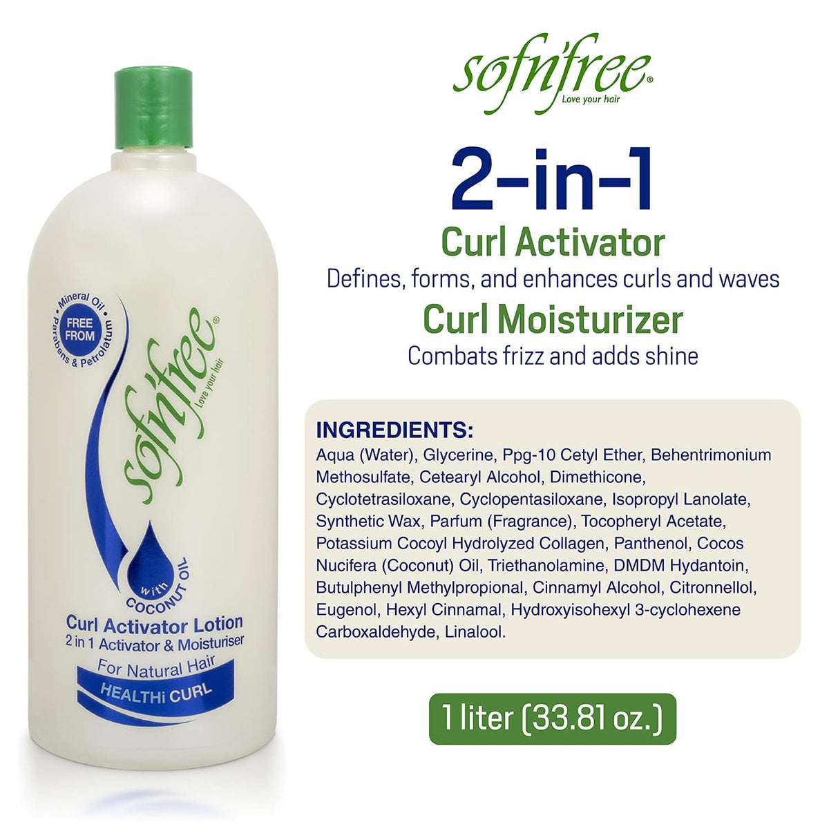 Sofn’Free bottle pour shot showing quick-absorbing formula for frizz control