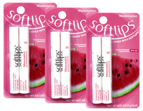 SoftLips Watermelon SPF 20 lip balm application on lips for hydration.