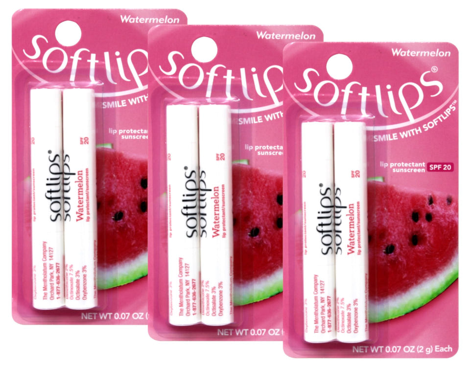 SoftLips Watermelon SPF 20 lip balm application on lips for hydration.