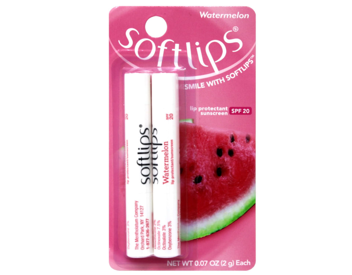 Twin pack packaging for easy home and travel with SoftLips Watermelon SPF 20.