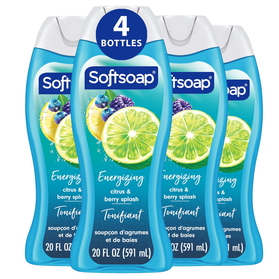 Softsoap Citrus Splash & Berries bottle showcases refreshing scent for morning showers.