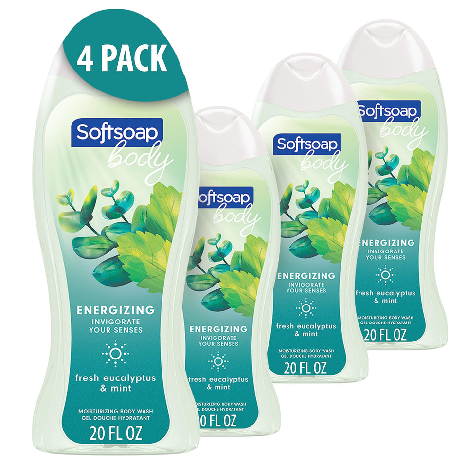 Softsoap Eucalyptus & Mint bottles 4-pack showcased for a refreshing shower routine