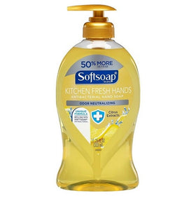 Softsoap Kitchen Fresh Hands bottle on a kitchen counter promoting clean, refreshed hands.