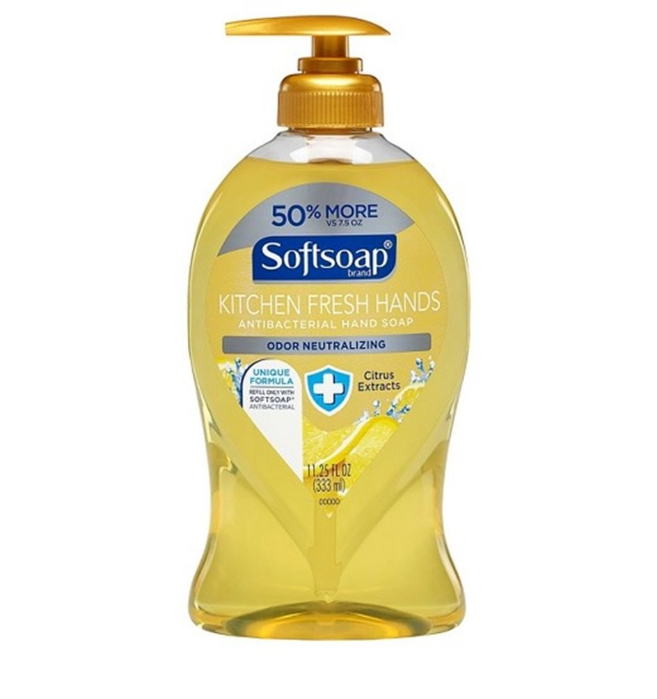 Softsoap Kitchen Fresh Hands bottle on a kitchen counter promoting clean, refreshed hands.
