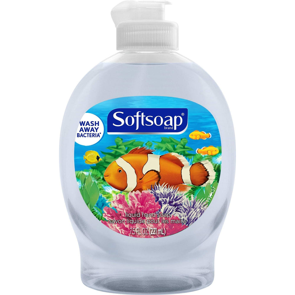 Softsoap liquid hand soap 7.5 oz six-pack bottle, ideal for family bathrooms.