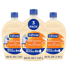 Softsoap Milk & Honey refill-pour demonstrates mess-free refilling for kitchen and bathroom