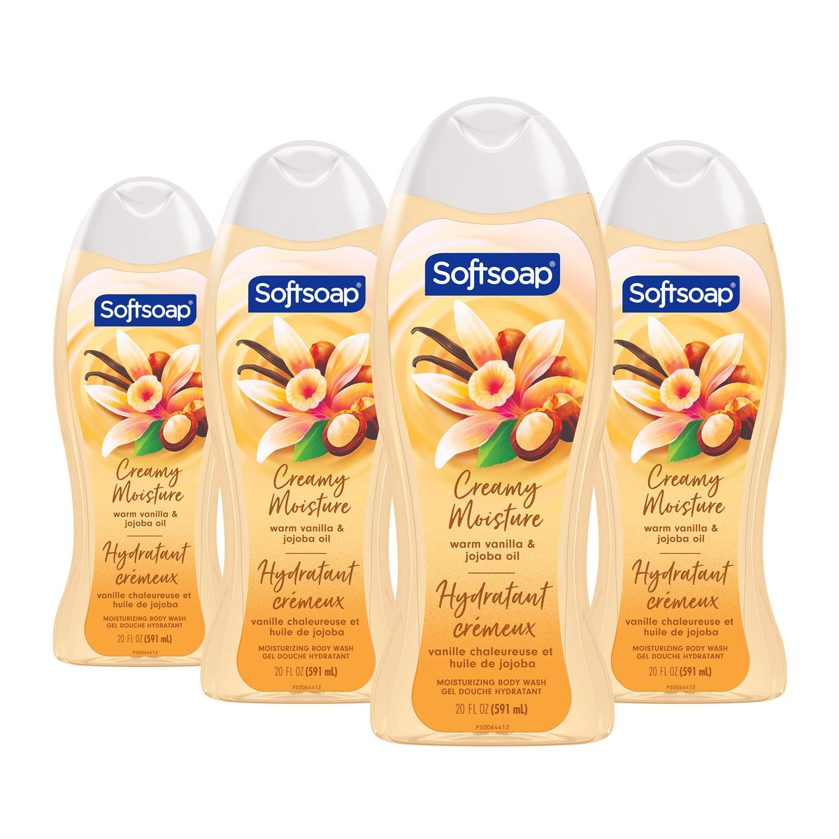 Softsoap Vanilla and Jojoba Oil bottle front shows moisturizing daily cleanse