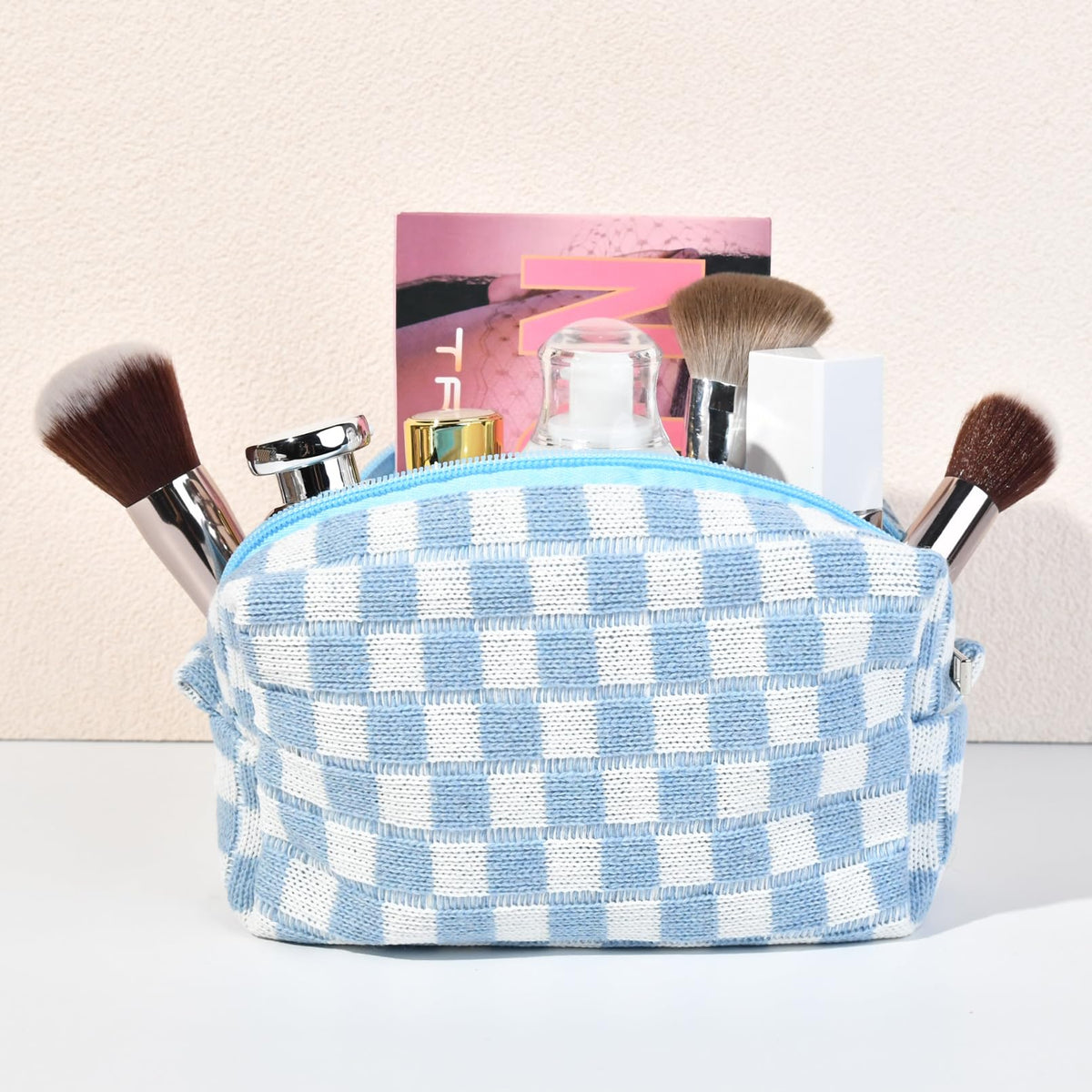 SOIDRAM blue checkered makeup bag compact size for daily use
