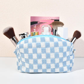 SOIDRAM blue checkered makeup bag compact size for daily use