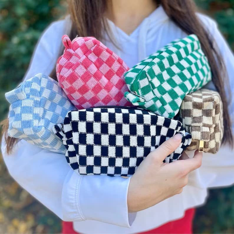 SOIDRAM checkered makeup bag black versatile organizer for toiletries and brushes